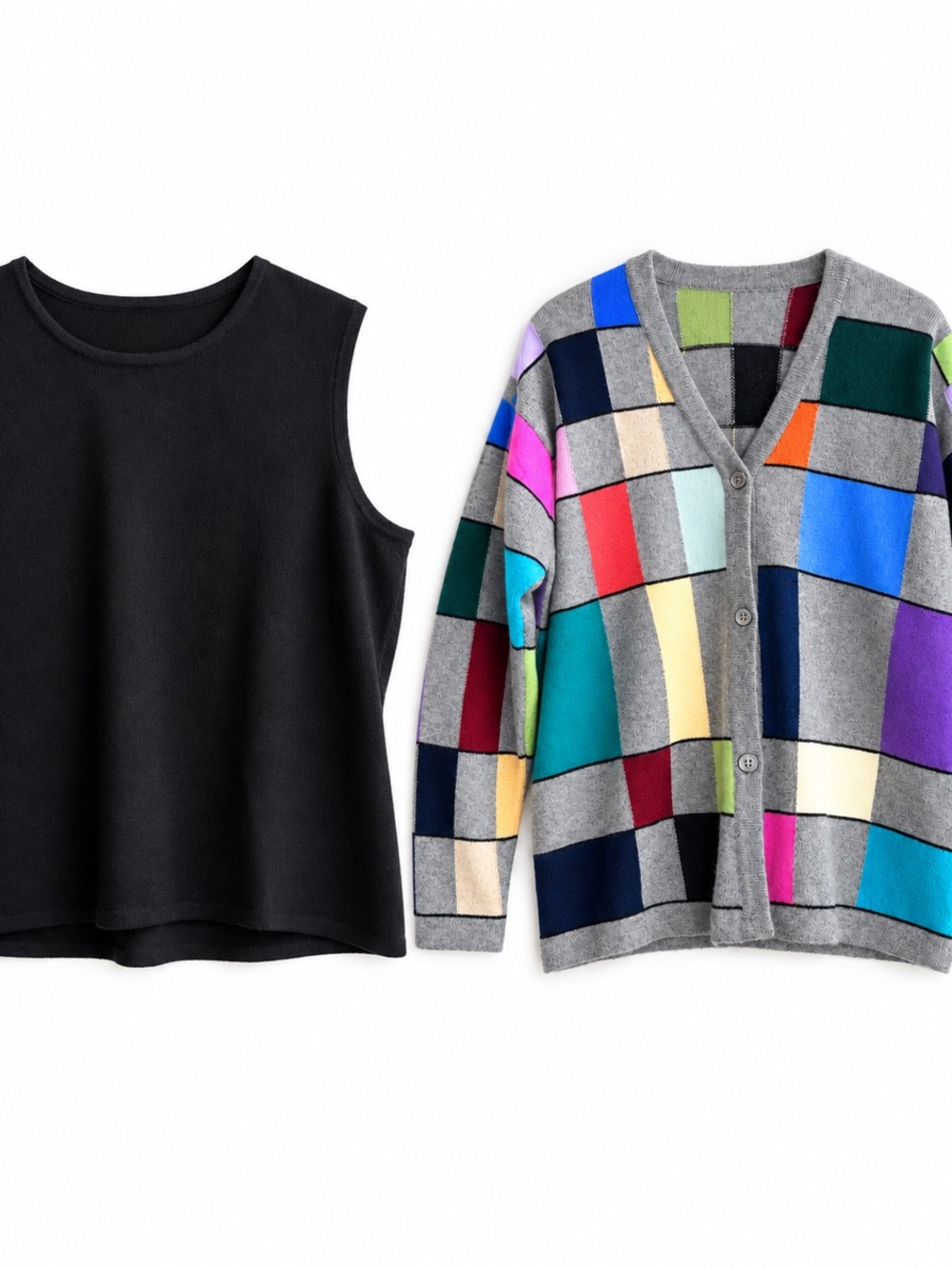 Neiman Marcus Multicolor Set Cashmere Patchwork V-Neck Cardigan - Gray Base